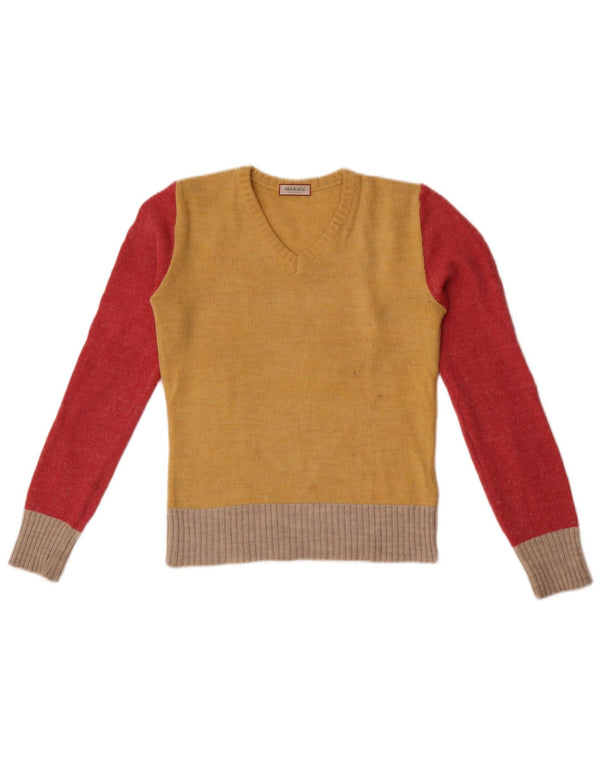 Suéter feminino Max & Co. com decote em V UK 10 pequeno bloco colorido amarelo