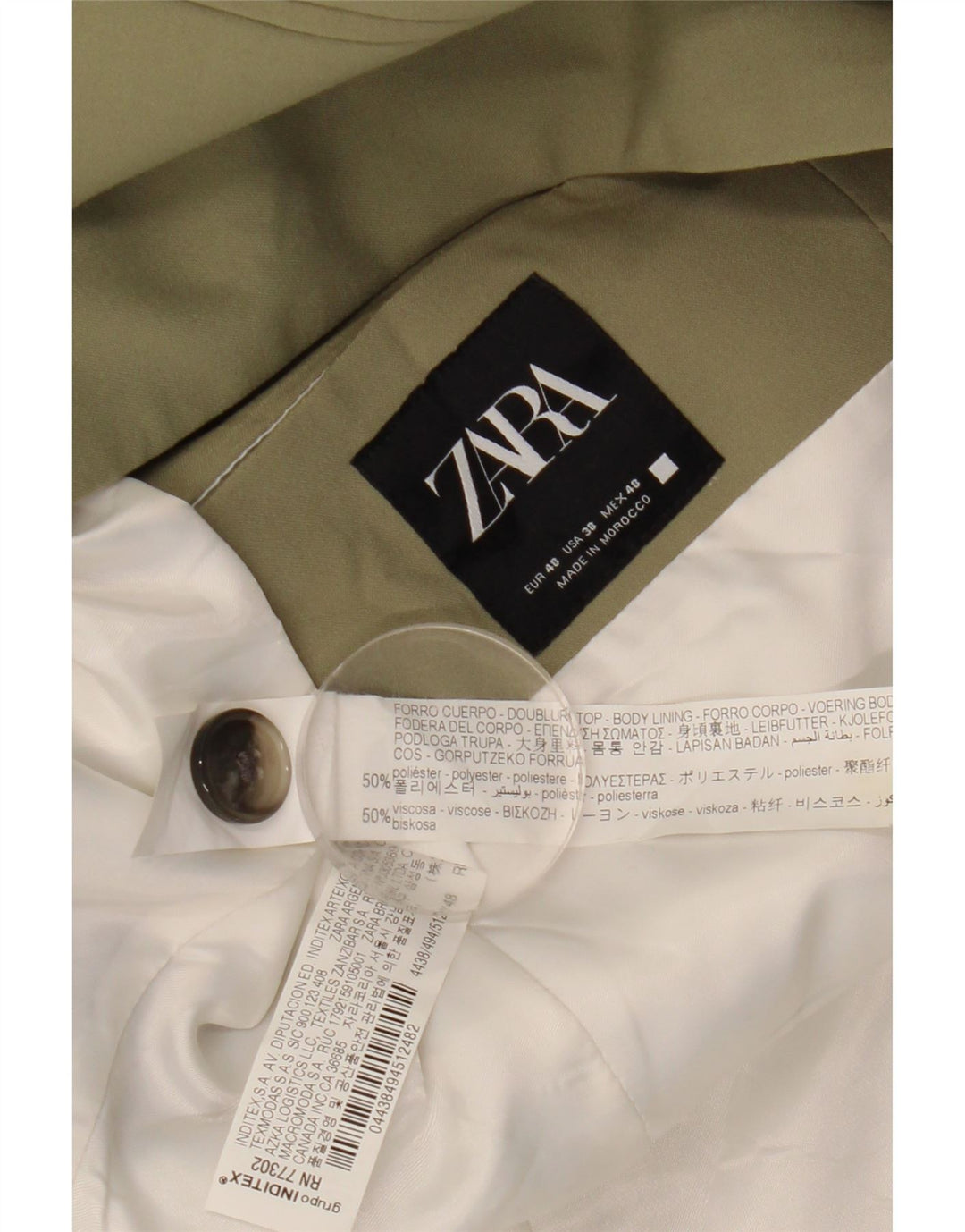 Jaqueta blazer masculina ZARA com 1 botão EU 48 poliéster cáqui médio