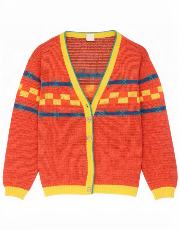 Suéter cardigã feminino vintage Reino Unido 14 vermelho médio geométrico