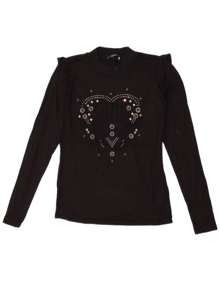 Guess Top gráfico feminino manga comprida Reino Unido 10 pequeno viscose preta