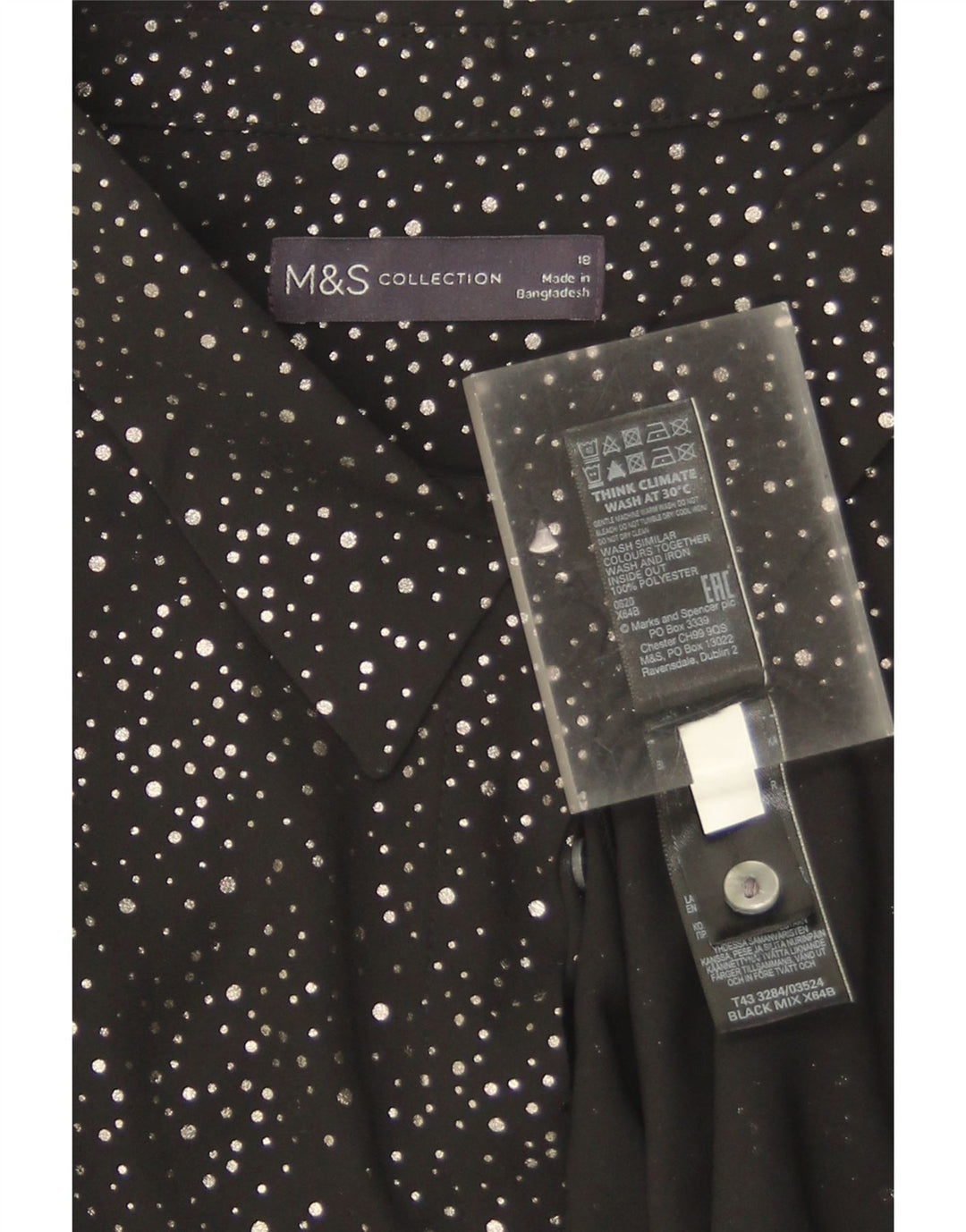 Blusa feminina Marks & Spencer grande tamanho Reino Unido 18 XL preta manchada