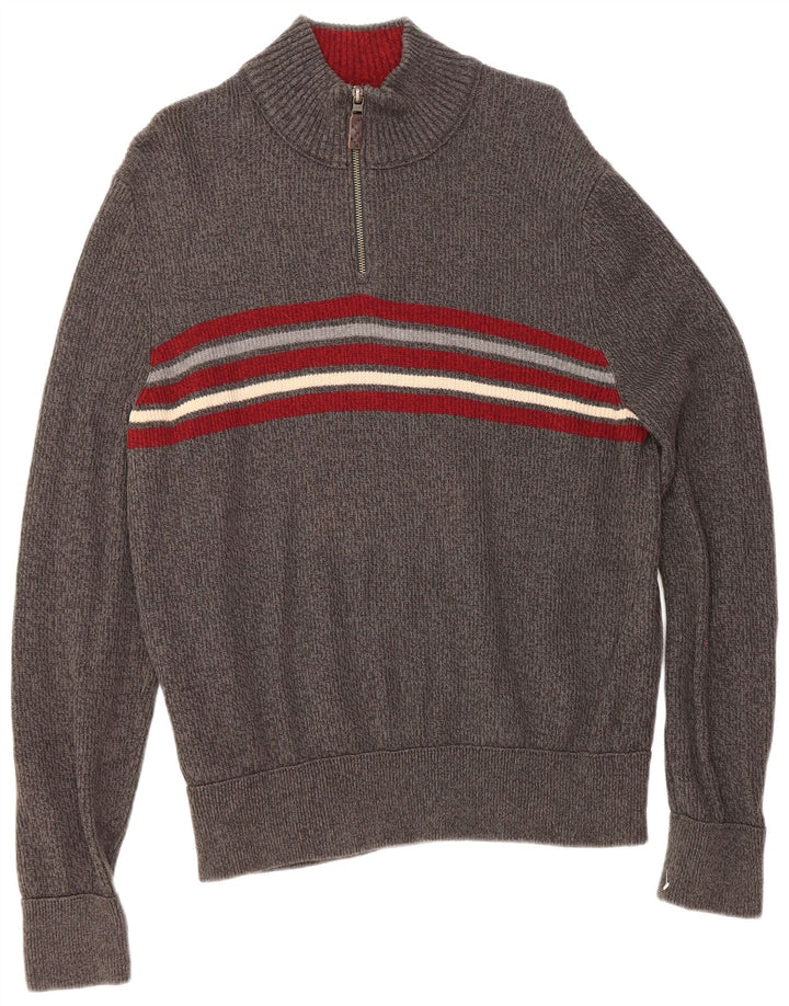 EDDIE BAUER Suéter masculino com zíper e gola alta de algodão listrado cinza grande