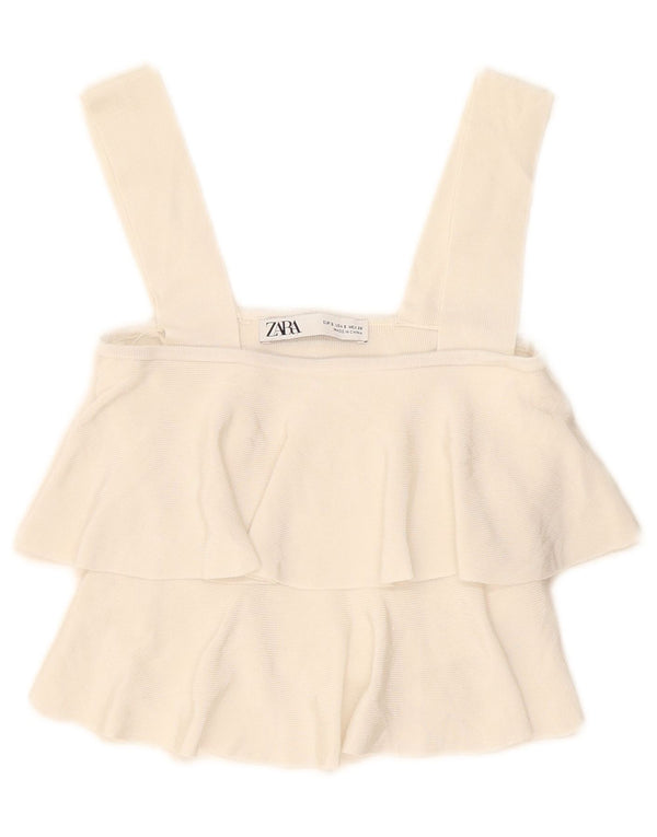 Zara Womens Crop Ruffle Front Cami Top Reino Unido 8 Pequeno Off White Viscose