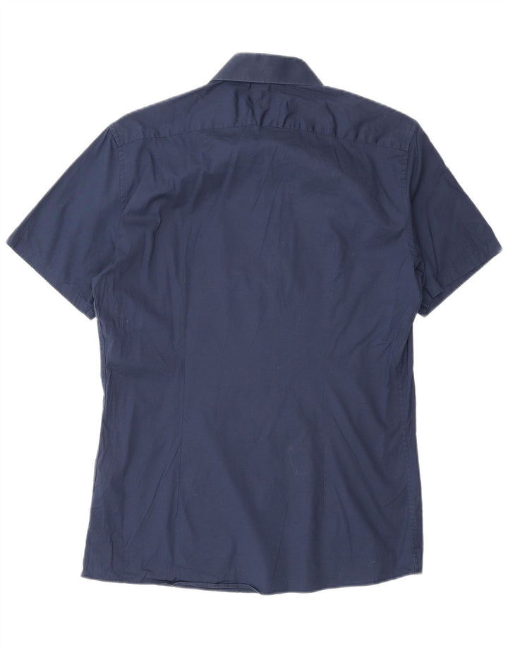 Camisa masculina Reiss Slim Fit de manga curta de algodão azul marinho médio