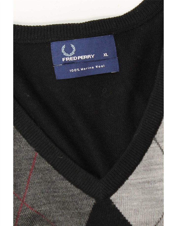 Fred Perry Suéter masculino com decote em V XL preto Argyle/lã diamante