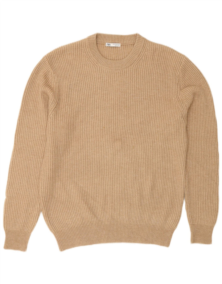 Zara Suéter masculino com gola redonda e poliéster bege médio