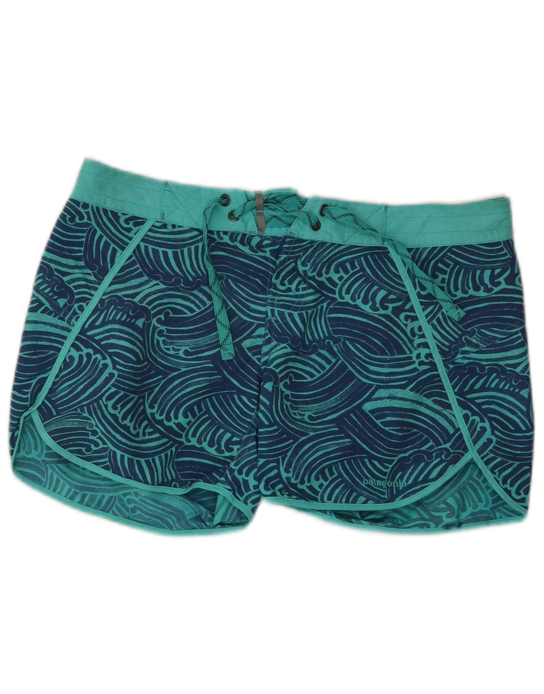 Shorts de banho feminino Patagonia com padrão abstrato US 6 nylon azul médio