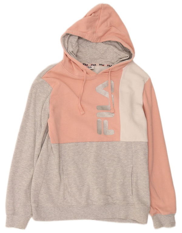 Fila feminino gráfico moletom com capuz UK 14 algodão colorblock cinza médio