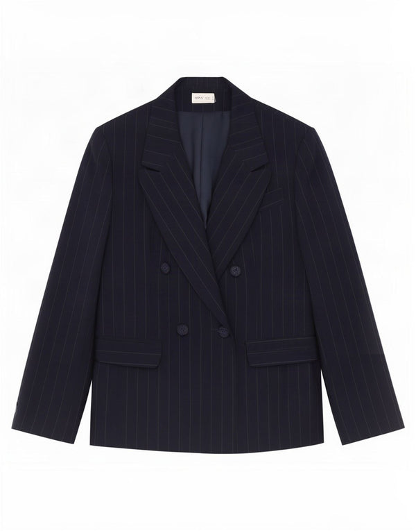 Jaqueta blazer feminina Bhs com peito duplo Reino Unido 14 grande listra azul marinho
