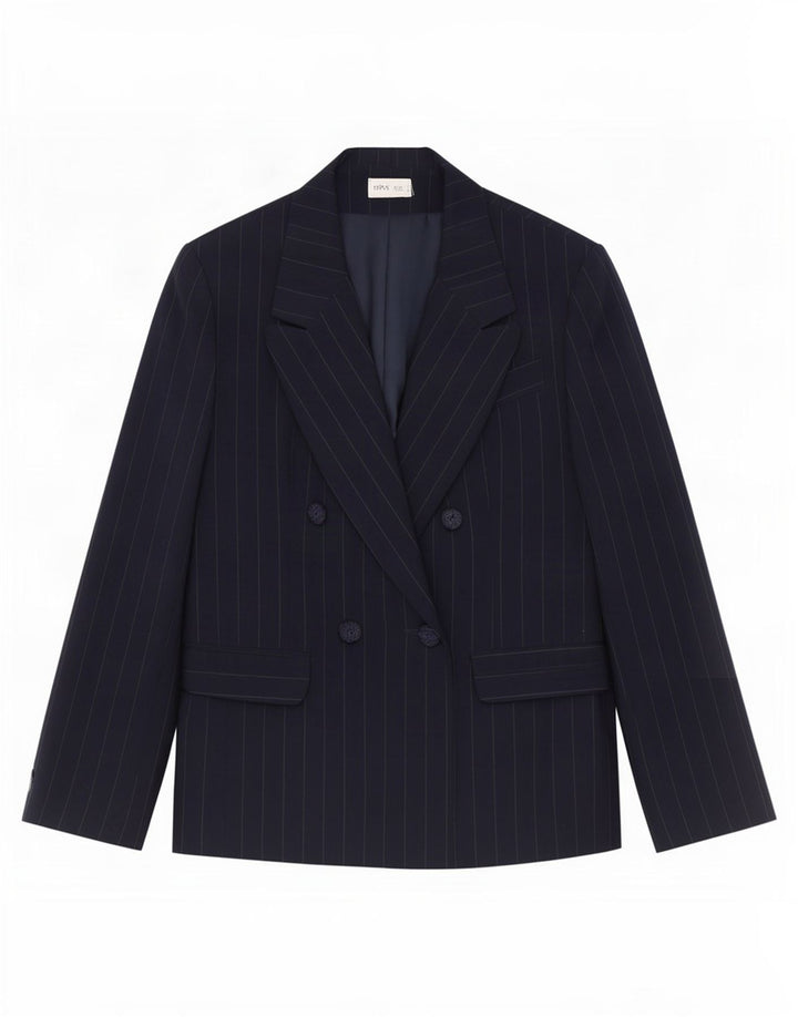 Jaqueta blazer feminina Bhs com peito duplo Reino Unido 14 grande listra azul marinho
