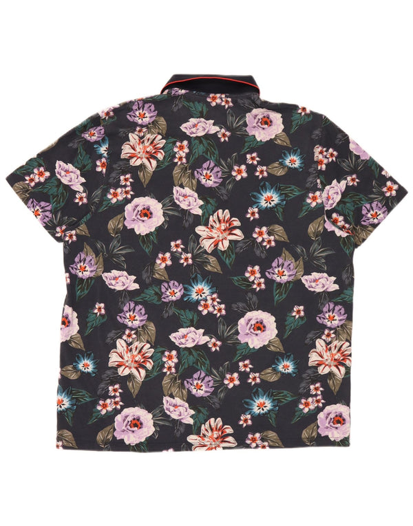 Camisa polo masculina Ted Baker tamanho 6 2XL algodão floral azul marinho