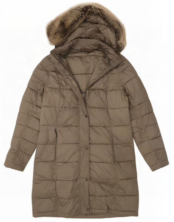 Casaco acolchoado com capuz feminino Barbour UK 12 médio cáqui