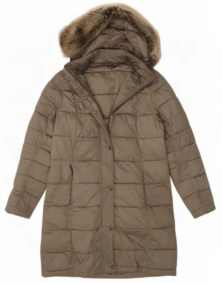 Casaco acolchoado com capuz feminino Barbour UK 12 médio cáqui