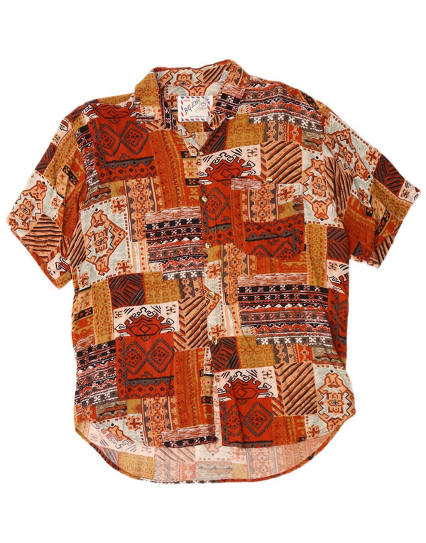 Camisa masculina vintage de manga curta média laranja patchwork rayon