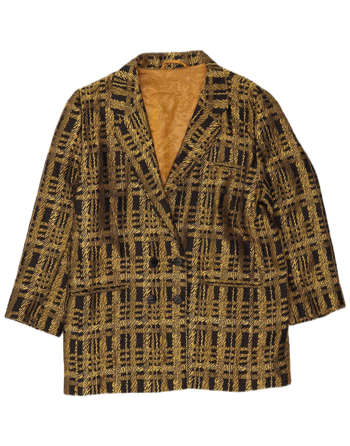 Jaqueta blazer feminina vintage com peito duplo Reino Unido 16 grande xadrez dourado
