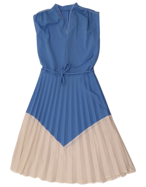 Vestido feminino vintage sem mangas evasê UK 12 bloco colorido azul médio