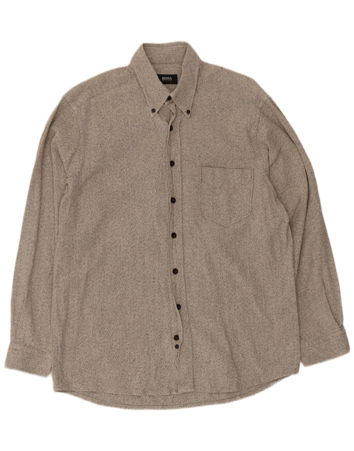 Camisa masculina de flanela Hugo Boss grande algodão manchado cinza