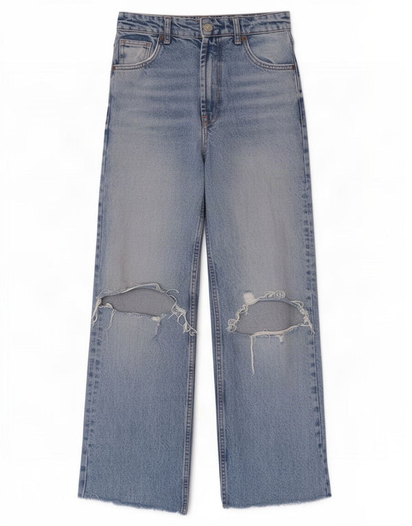 Zara Calça jeans feminina cintura alta desgastada com perna larga EU 34 2XS W24 L28 azul