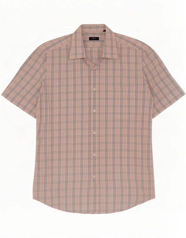 Camisa masculina de manga curta Hugo Boss tamanho 16 1/2 42 grande xadrez multicolorido
