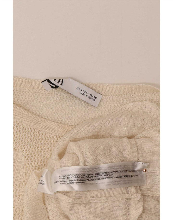 Blusa feminina Zara sem mangas crop top Reino Unido 8 pequeno poliéster branco