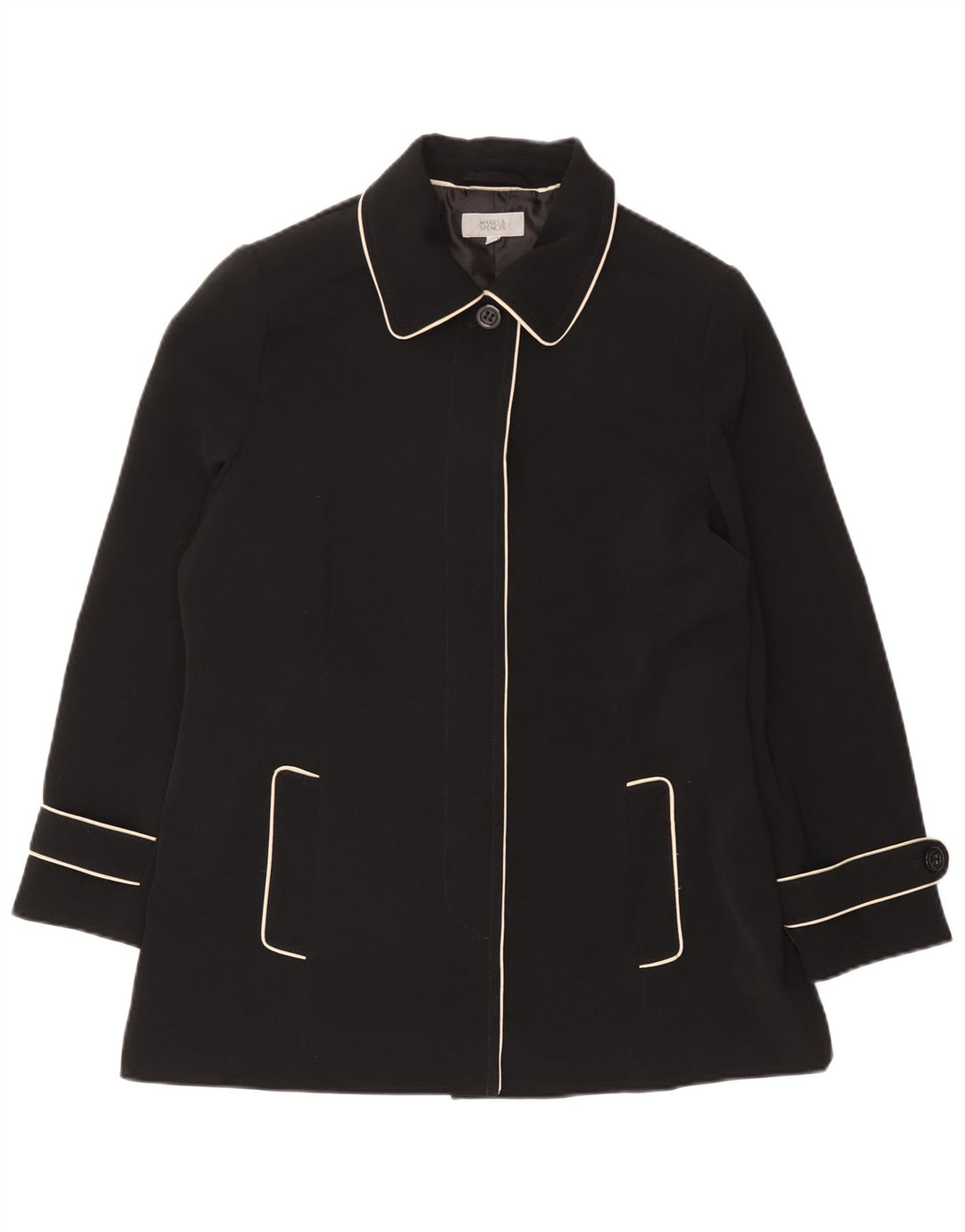 Casaco impermeável curto feminino Marks & Spencer Reino Unido 16 grande poliéster preto