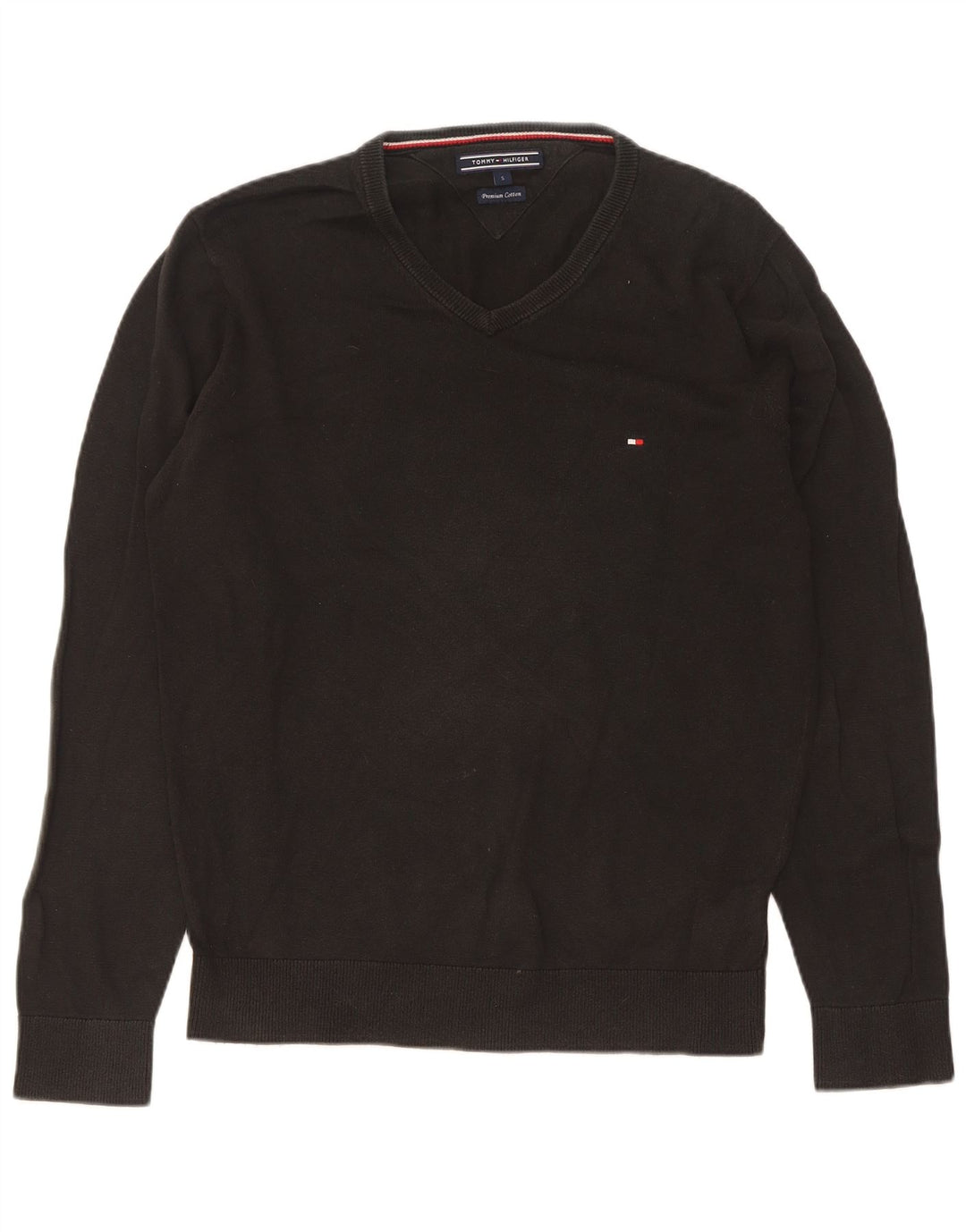 Tommy Hilfiger Suéter masculino com decote em V pequeno algodão preto