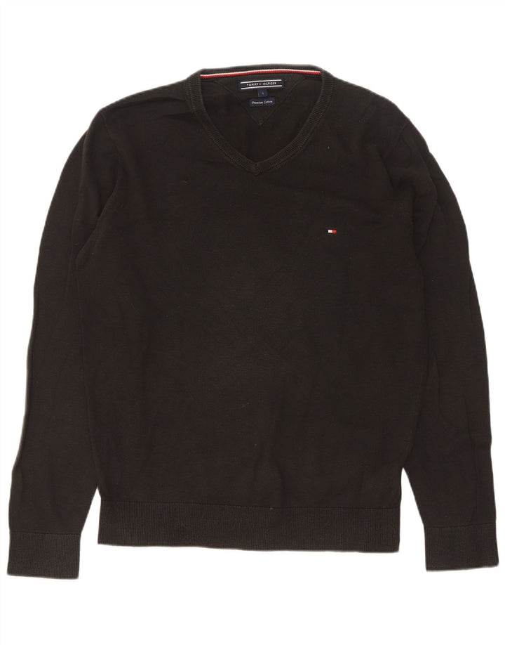 Tommy Hilfiger Suéter masculino com decote em V pequeno algodão preto