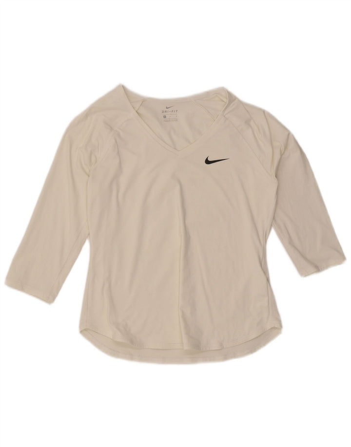 Nike feminino Dri Fit Top manga 3/4 Reino Unido 12 médio branco poliéster