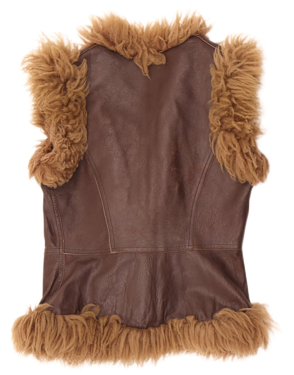 Colete feminino vintage de couro sherpa IT 46 grande bloco colorido marrom
