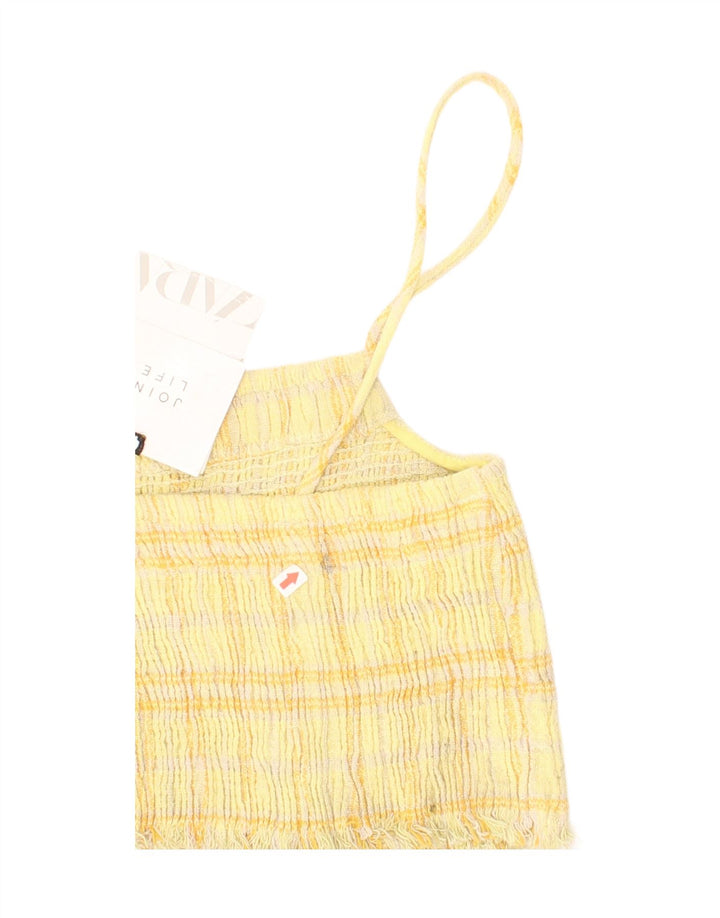 Zara Top feminino curto de algodão xadrez amarelo médio