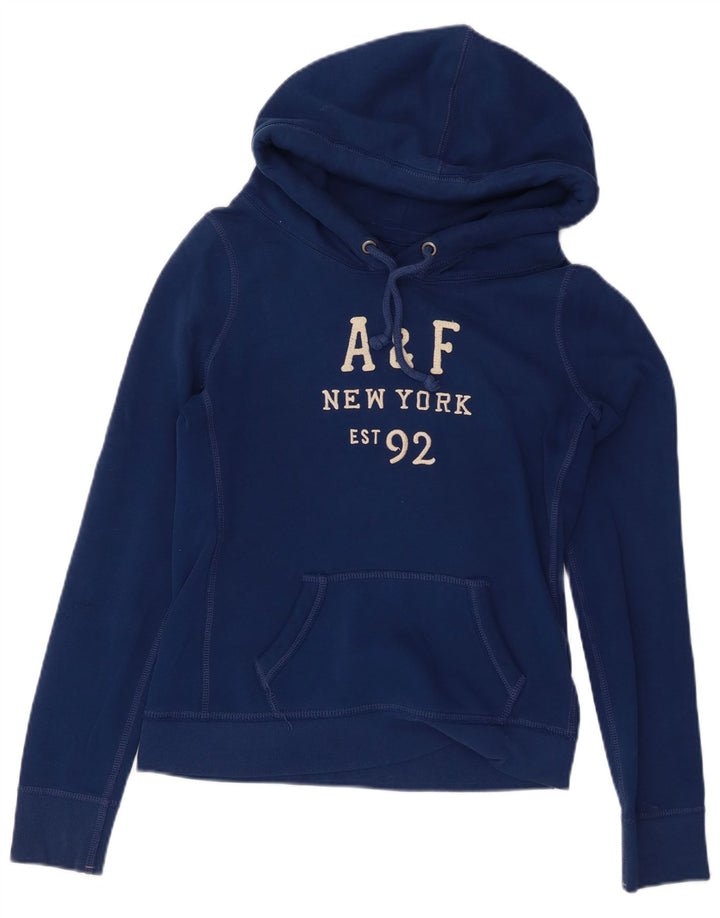 Suéter feminino com capuz gráfico ABERCROMBIE & FITCH Reino Unido 14 médio azul marinho