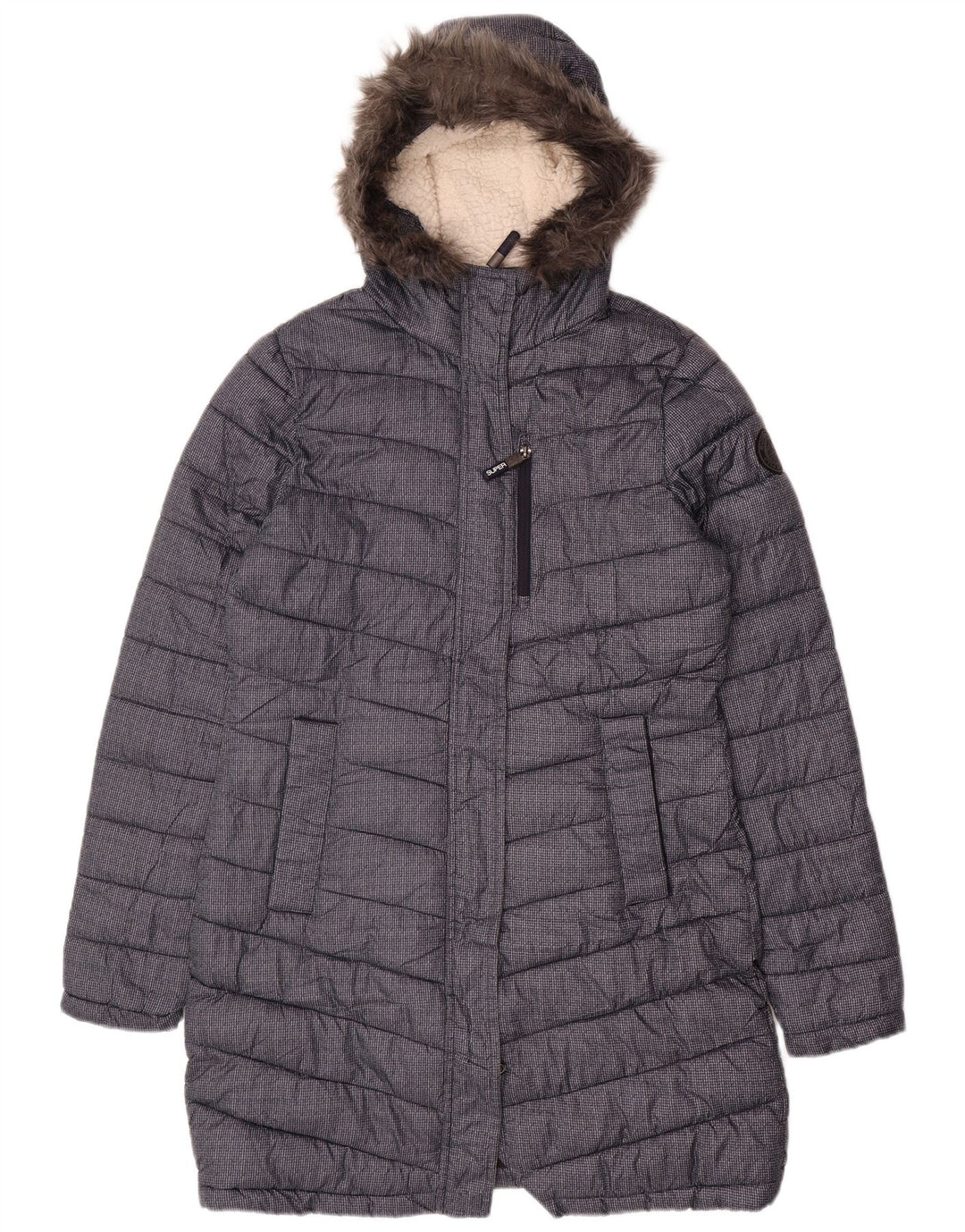 Casaco acolchoado com capuz feminino SUPERDRY UK 12 poliéster azul marinho médio
