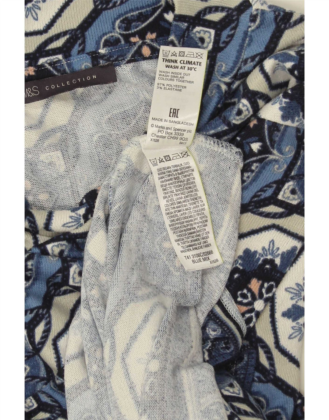 Túnica feminina Marks & Spencer manga 3/4 Reino Unido 12 azul médio geométrico