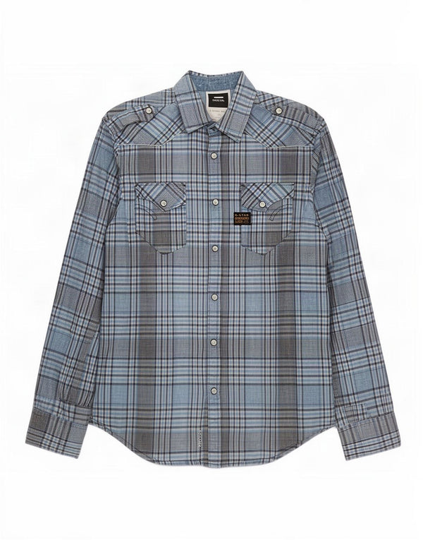 Camisa militar masculina G-Star grande algodão xadrez azul