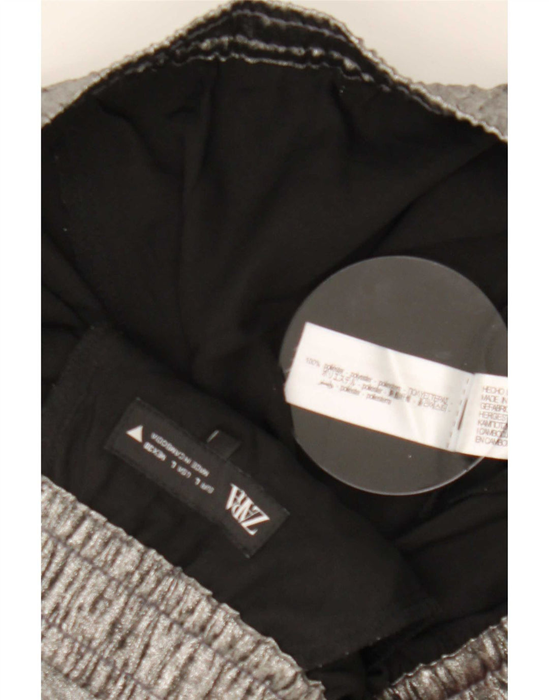 Zara Calça feminina de perna larga grande W30 L31 poliéster prateado