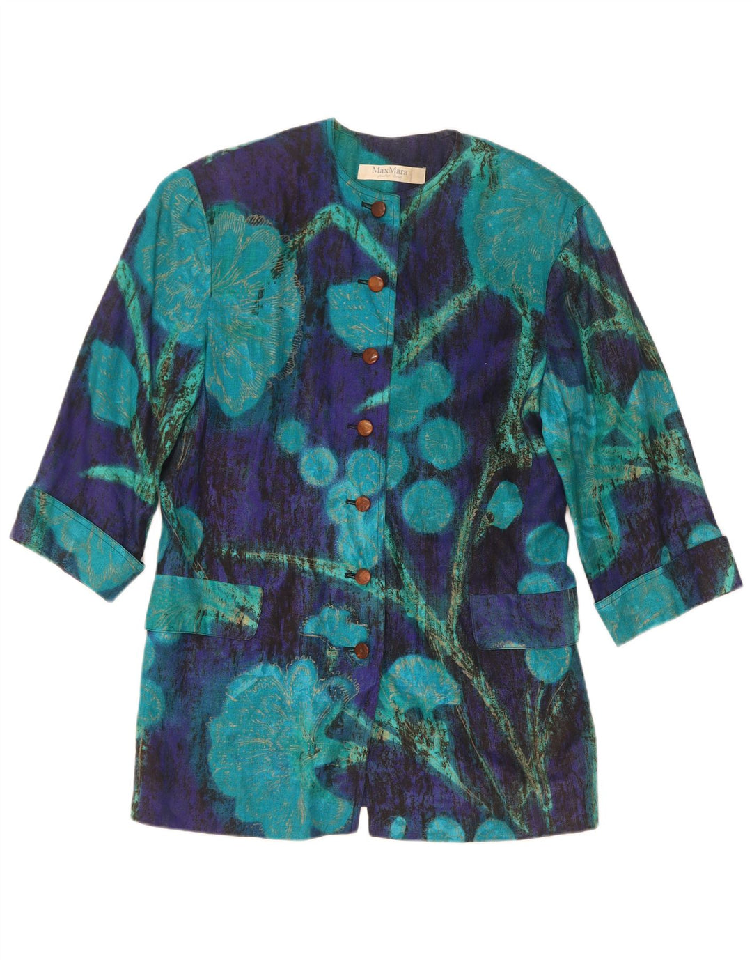 Jaqueta blazer feminina Max Mara manga 3/4 com 7 botões Reino Unido 14 azul médio floral