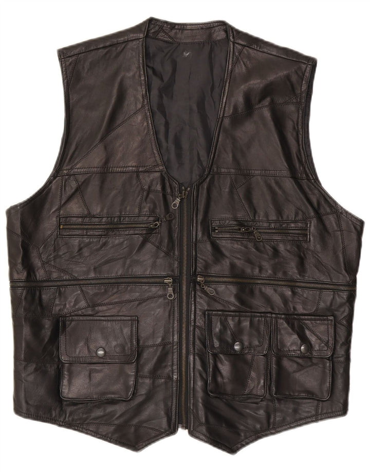 Colete utilitário de couro masculino vintage UK 38 patchwork preto médio