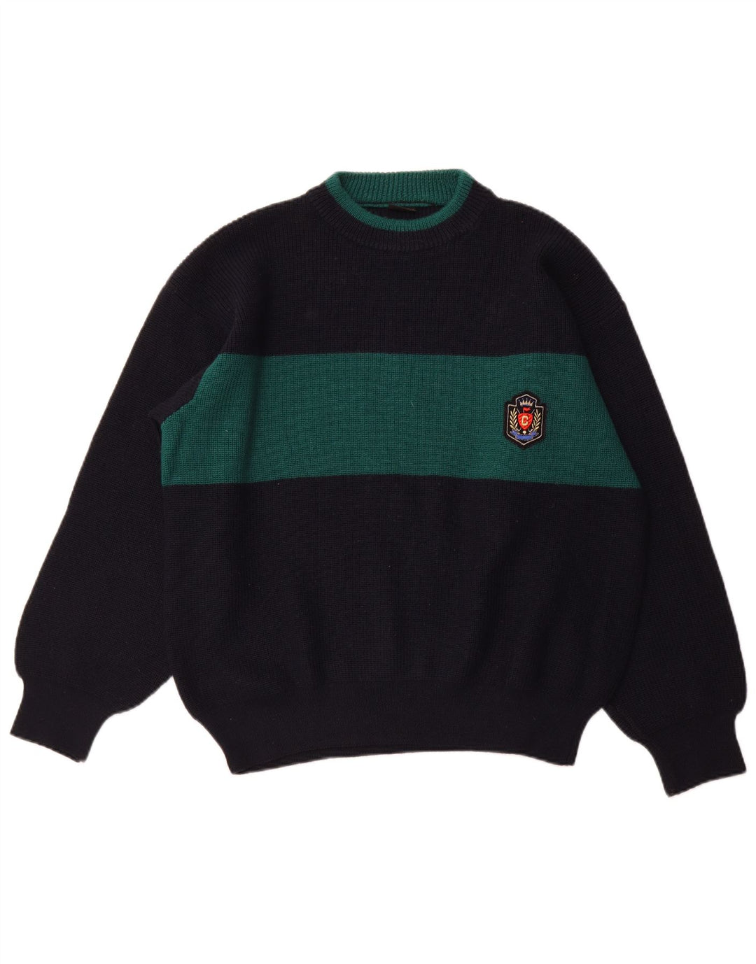 Suéter masculino VINTAGE com gola canoa XL azul marinho lã colorblock