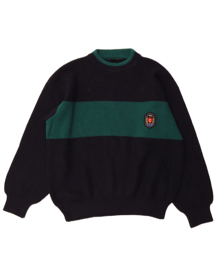 Suéter masculino VINTAGE com gola canoa XL azul marinho lã colorblock