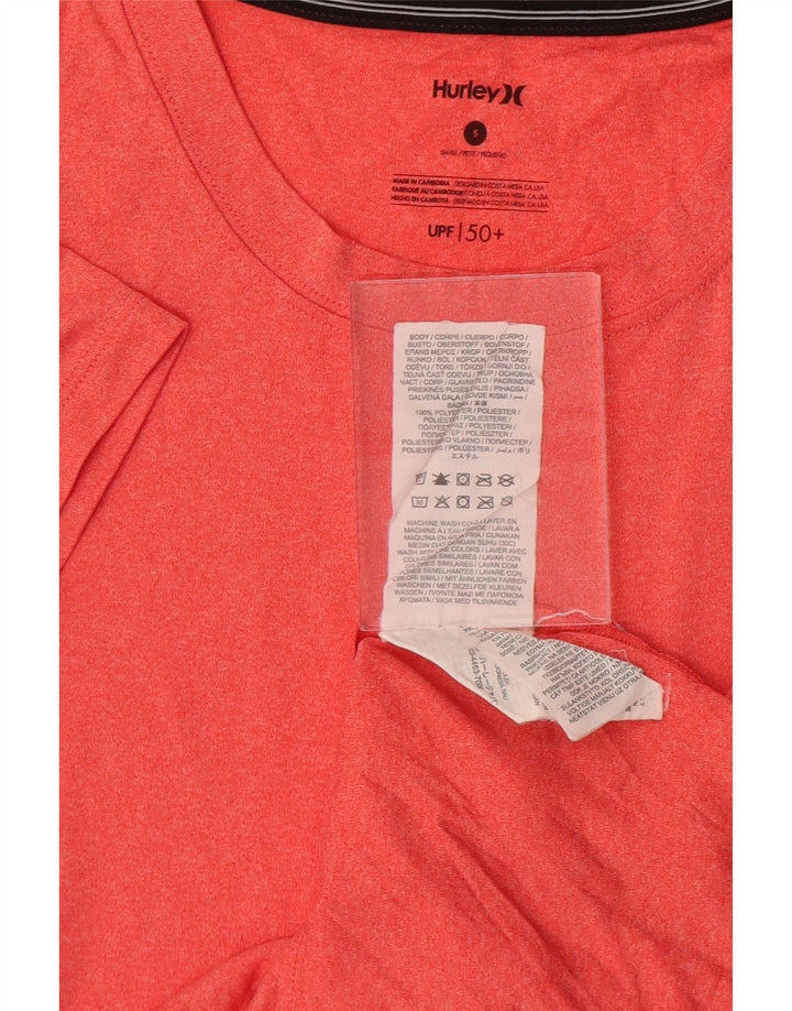 Camiseta feminina Hurley UK 10 pequena laranja manchada de poliéster