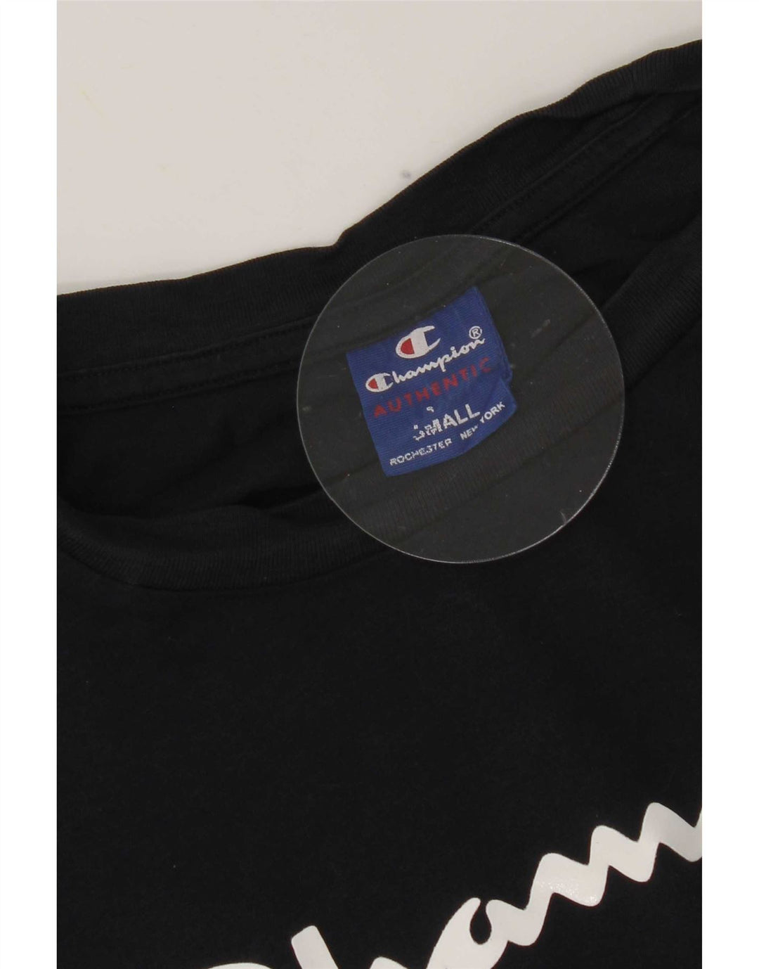 Camiseta masculina gráfica Champion pequena de algodão preto