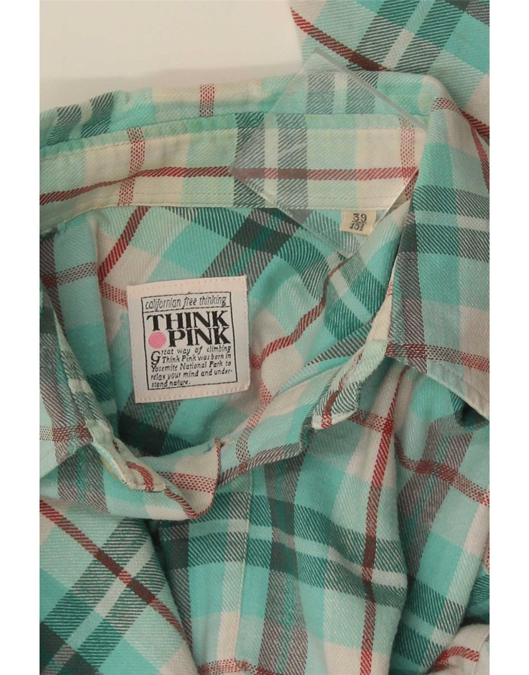 Camisa masculina de flanela Think Pink tamanho 39 15 1/2 xadrez médio turquesa
