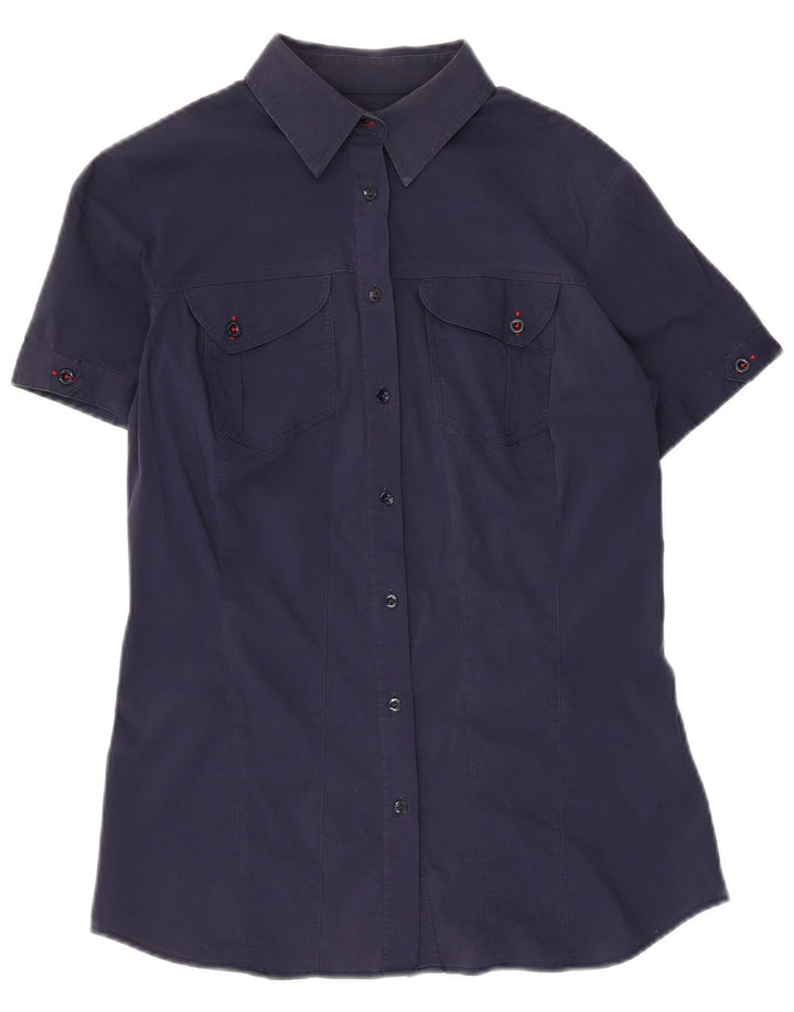 TRUSSARDI JEANS Camisa feminina de manga curta Reino Unido 12 algodão azul marinho médio