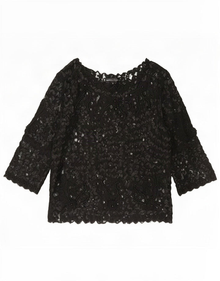 Sky Design Top feminino transparente manga 3/4 EUA 4 pequeno preto floral