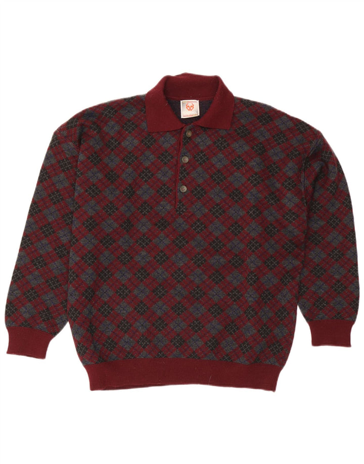 Suéter masculino Stefanel com gola polo médio Borgonha Argyle/lã diamante