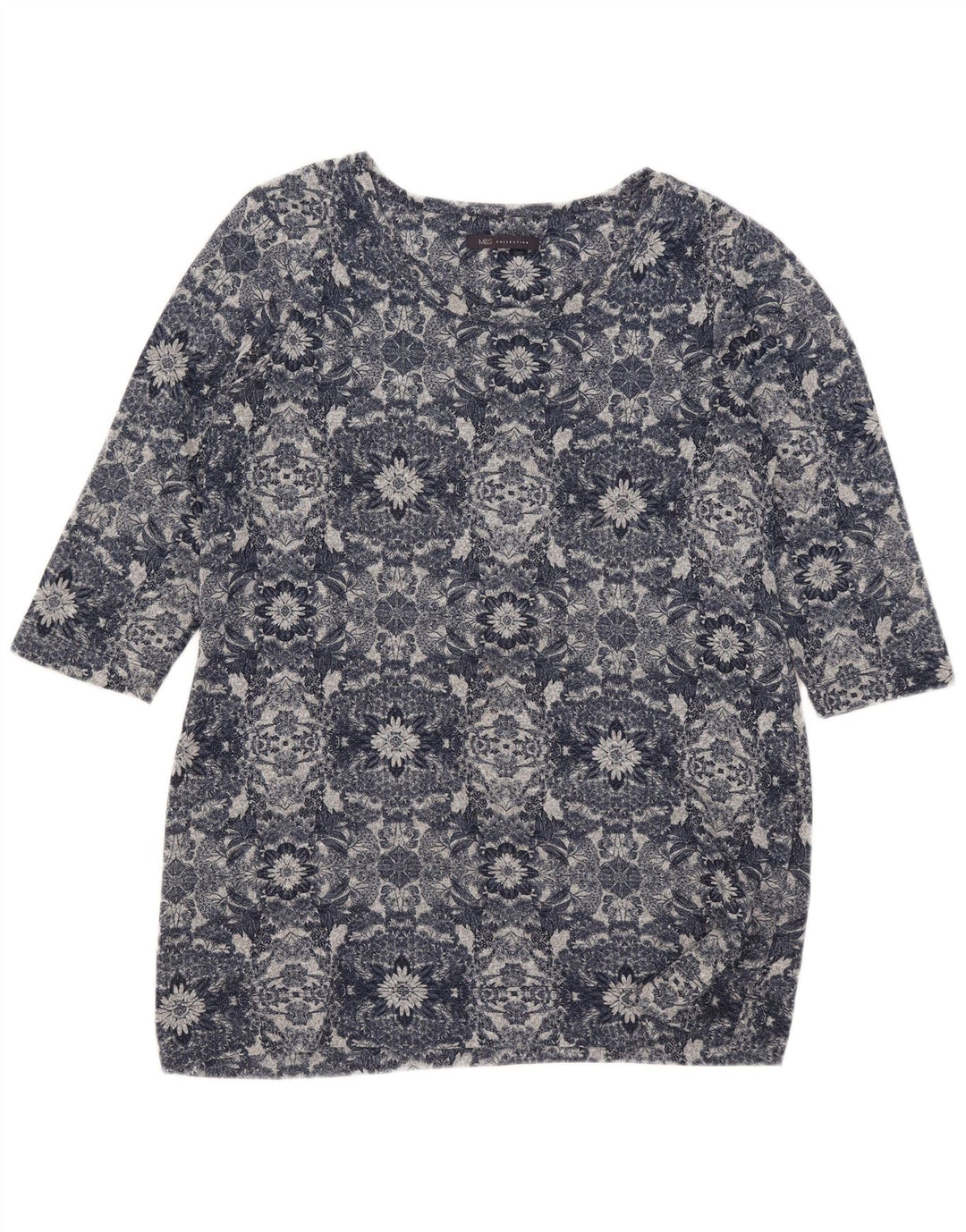Top feminino Marks & Spencer manga 3/4 Reino Unido 16 grande azul floral poliéster