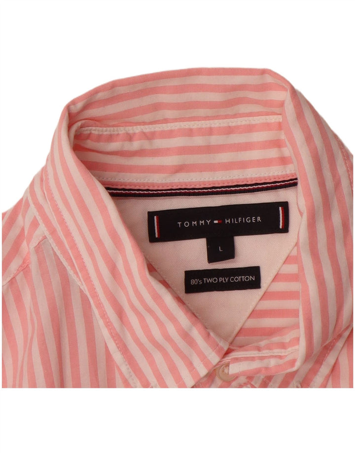 Camisa masculina Tommy Hilfiger grande listrada rosa de algodão
