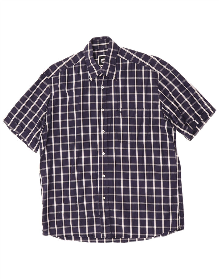 Camisa masculina de manga curta Roccobarocco tamanho 39 15 1/2 médio xadrez azul marinho