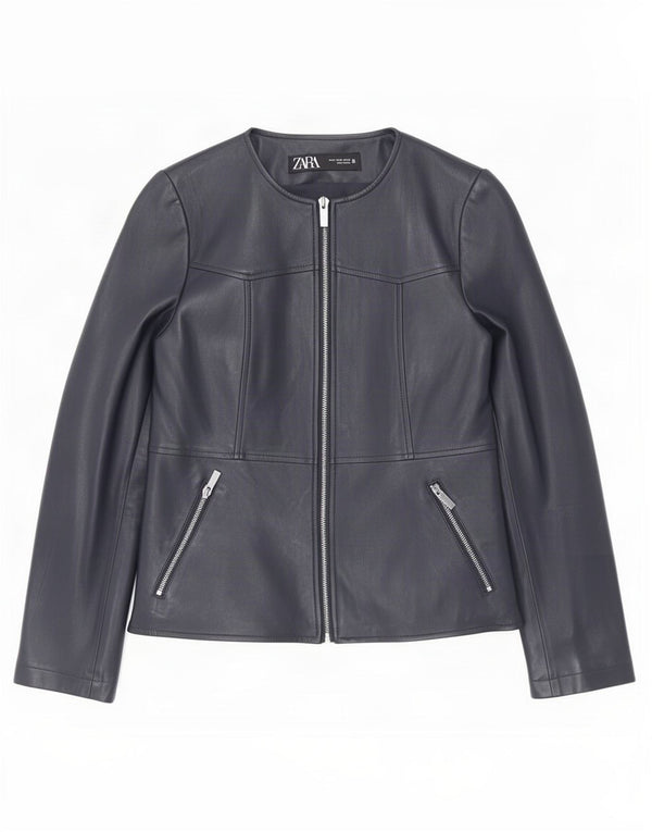 Jaqueta feminina de couro sintético Zara UK 12 poliéster azul marinho médio