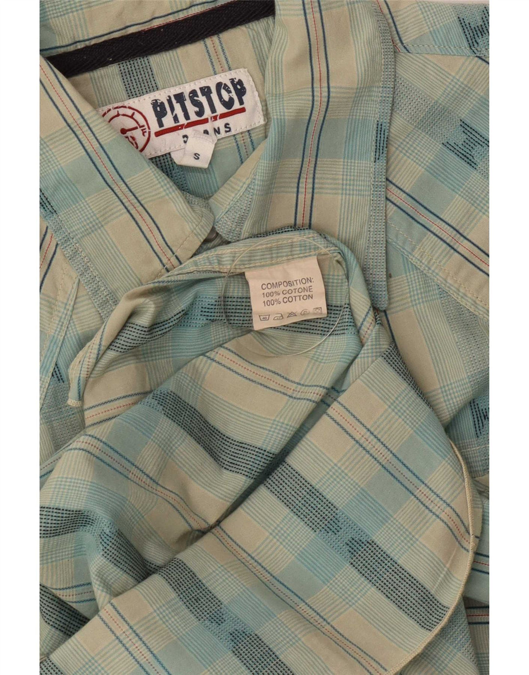 Pit Stop Camisa masculina de manga curta pequena azul xadrez de algodão